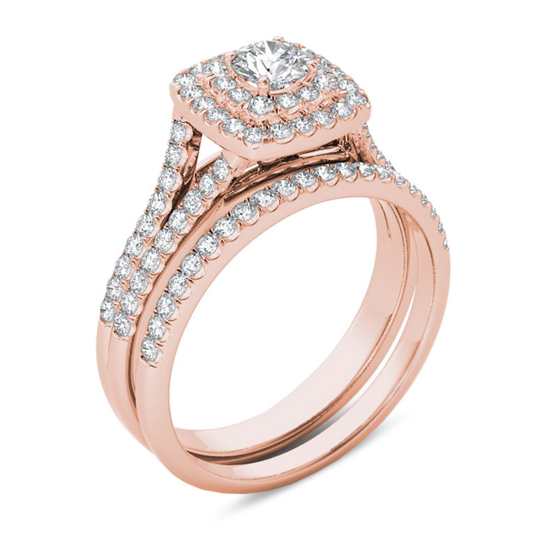 Main Image 2 of 0.95 CT. T.W. Diamond Double Cushion Frame Split Shank Bridal Set in 14K Rose Gold