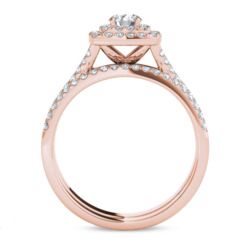 Main Image 3 of 0.95 CT. T.W. Diamond Double Cushion Frame Split Shank Bridal Set in 14K Rose Gold