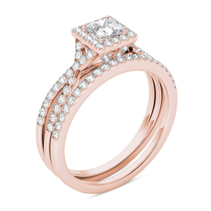 Main Image 2 of 0.95 CT. T.W. Princess-Cut Diamond Frame Twist Bridal Set in 14K Rose Gold