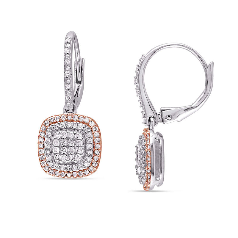 0.48 CT. T.W. Composite Diamond Cushion Frame Drop Earrings in Two-Tone Sterling Silver