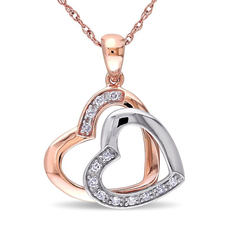 Diamond Accent Tilted Double Heart Pendant in 10K Two-Tone Gold - 17"