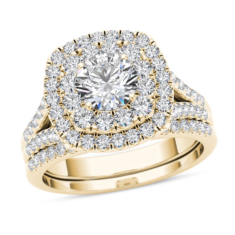 Main Image 1 of 1.95 CT. T.W. Diamond Double Cushion Frame Split Shank Bridal Set in 14K Gold