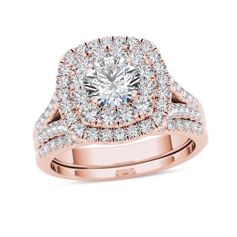 1.95 CT. T.W. Diamond Double Cushion Frame Split Shank Bridal Set in 14K Rose Gold