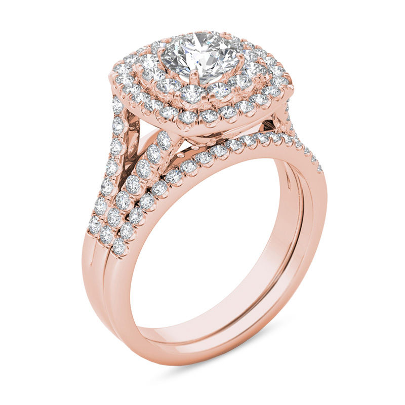 1.95 CT. T.W. Diamond Double Cushion Frame Split Shank Bridal Set in 14K Rose Gold