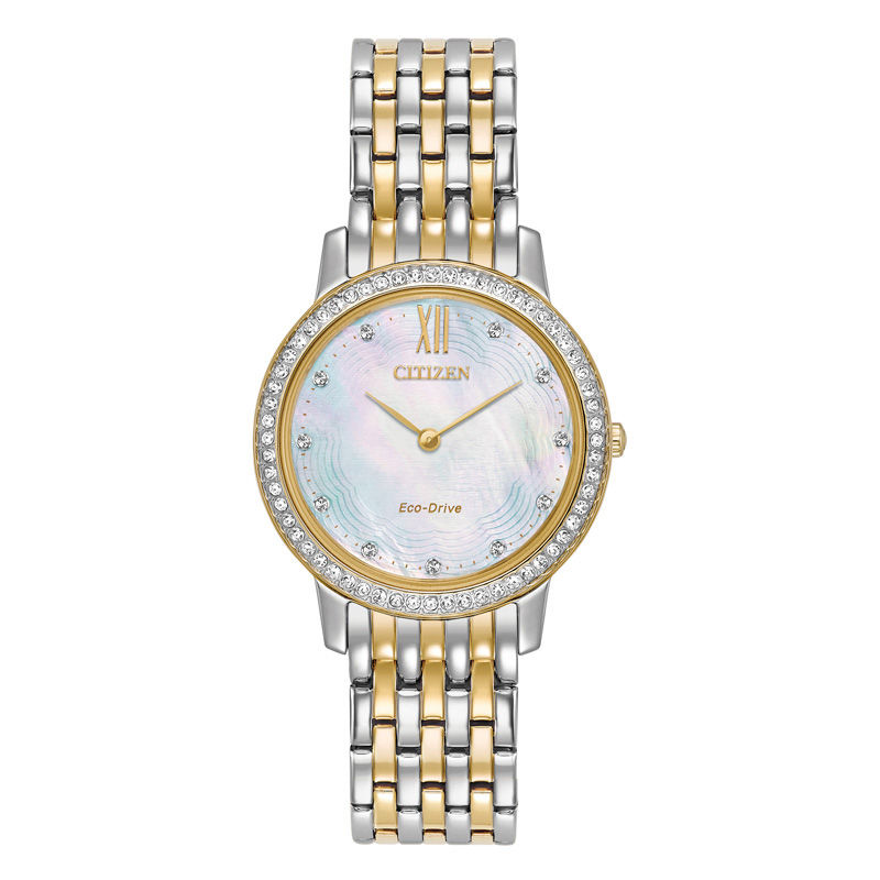 Ladies' Citizen Eco-Drive® Silhouette Crystal Accent Two-Tone Watch with Mother-of-Pearl Dial (Model: EX1484-57D)