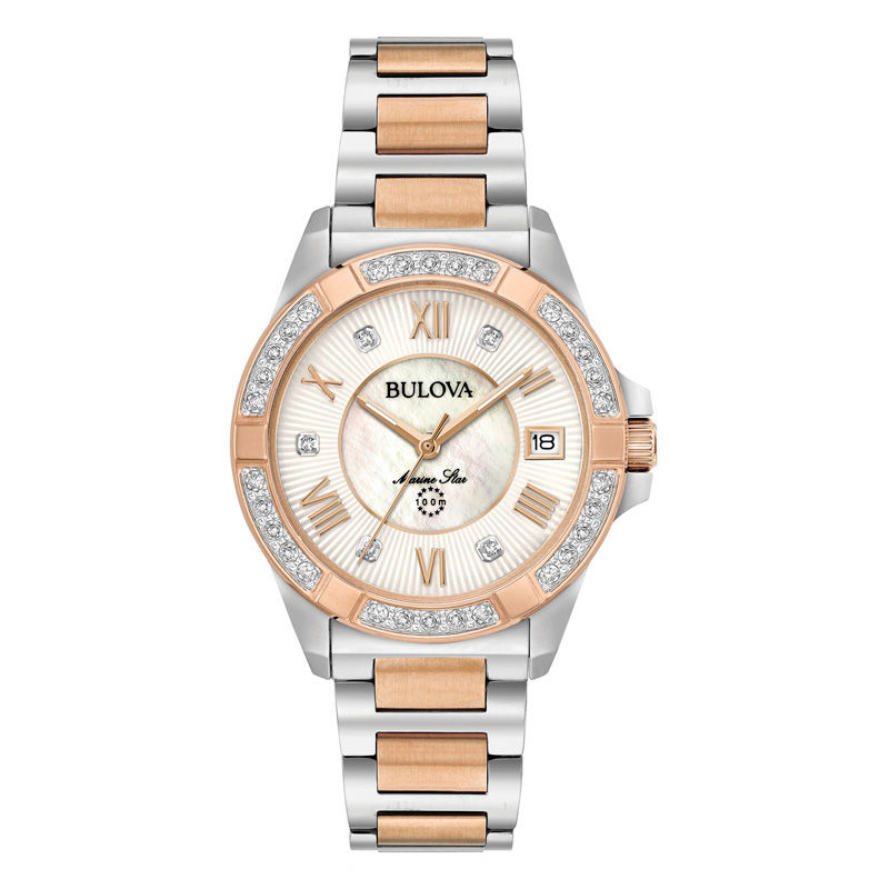 Ladies' Bulova Marine Star 0.10 CT. T.W. Diamond Two-Tone Watch with Mother-of-Pearl Dial (Model: 98R234)