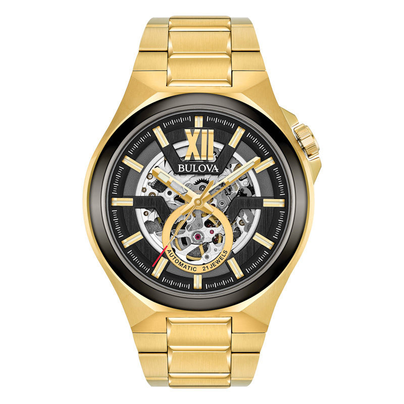 Men's Bulova Automatic Gold-Tone Watch with Black Skeleton Dial (Model: 98A178)