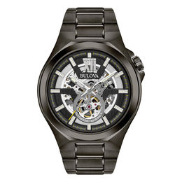 Men's Bulova Maquina Automatic Grey IP Watch with Black Skeleton Dial (Model: 98A179)