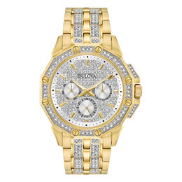 Men's Bulova Crystal Accent Gold-Tone Watch with Silver-Tone Dial (Model: 98C126)