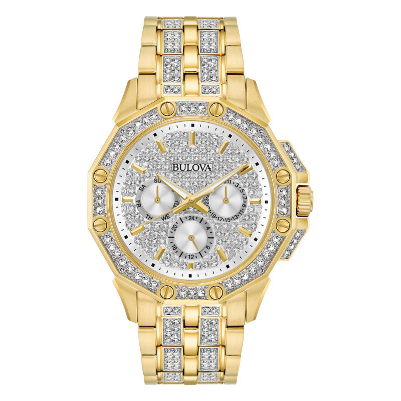 Men's Bulova Crystal Accent Gold-Tone Watch with Silver-Tone Dial (Model: 98C126)|Peoples Jewellers