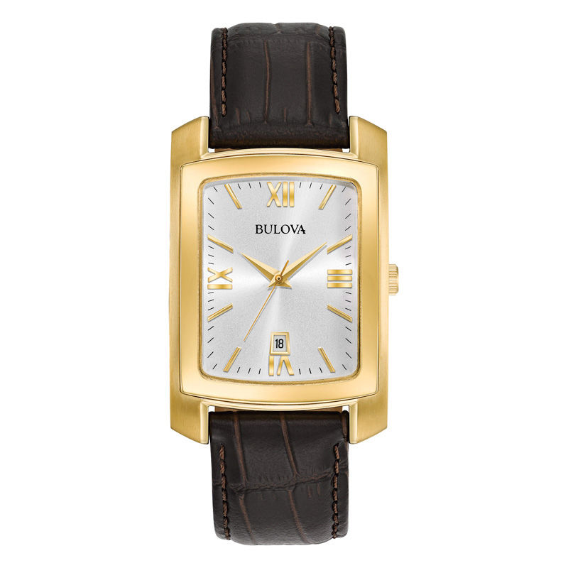 Men's Bulova Classic Collection Gold-Tone Strap Watch with Rectangular Ivory Dial (Model: 97B162)