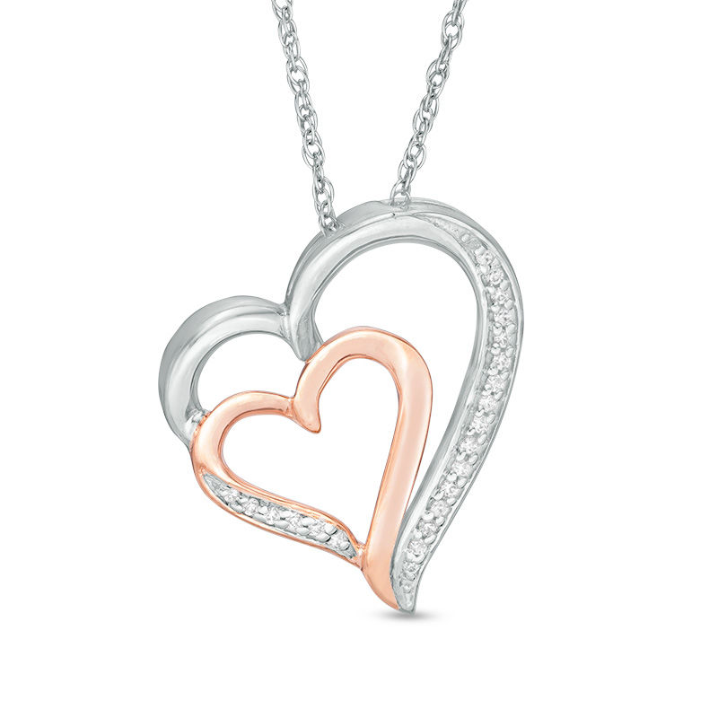 0.09 CT. T.W. Diamond Tilted Double Heart Pendant in Sterling Silver and 10K Rose Gold