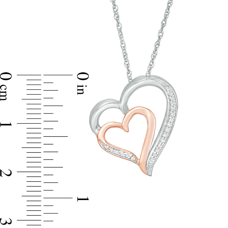 0.09 CT. T.W. Diamond Tilted Double Heart Pendant in Sterling Silver and 10K Rose Gold