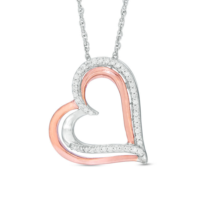 0.11 CT. T.W. Diamond Tilted Overlay Double Heart Pendant in Sterling Silver and 10K Rose Gold|Peoples Jewellers