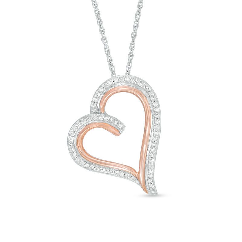 0.18 CT. T.W. Diamond Tilted Heart Pendant in Sterling Silver and 10K Rose Gold|Peoples Jewellers