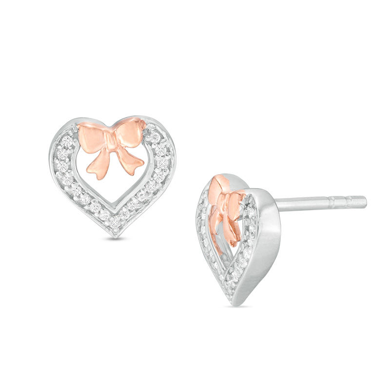 0.09 CT. T.W. Diamond Bow and Heart Stud Earrings in Sterling Silver and 10K Rose Gold|Peoples Jewellers