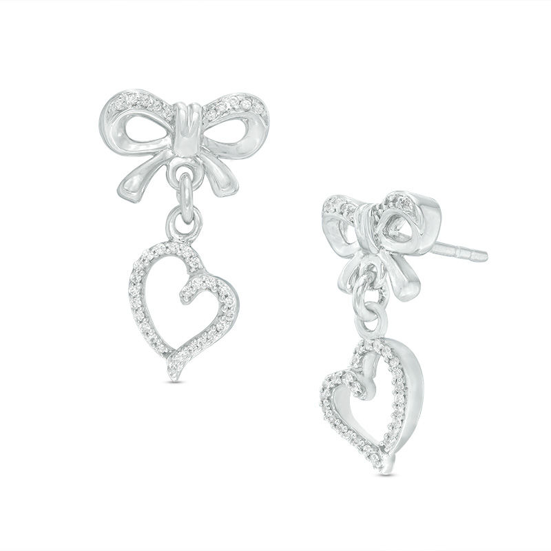 0.18 CT. T.W. Diamond Bow and Heart Drop Earrings in Sterling Silver