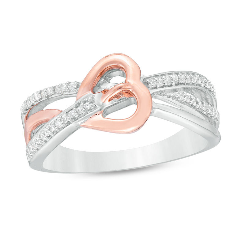 0.15 CT. T.W. Diamond Sideways Heart Crossover Ring in Sterling Silver and 10K Rose Gold