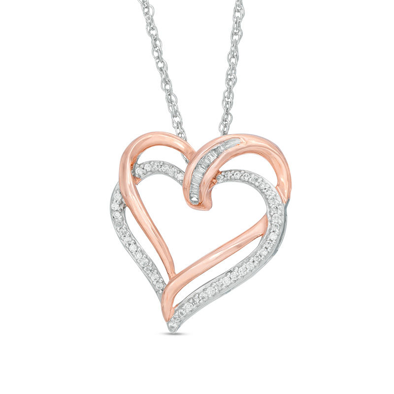 Main Image 1 of 0.15 CT. T.W. Baguette and Round Diamond Tilted Double Heart Pendant in Sterling Silver with 14K Rose Gold Plate