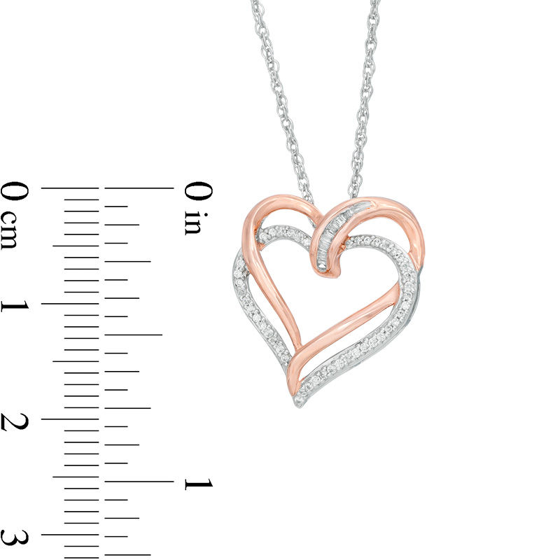 0.15 CT. T.W. Baguette and Round Diamond Tilted Double Heart Pendant in Sterling Silver with 14K Rose Gold Plate