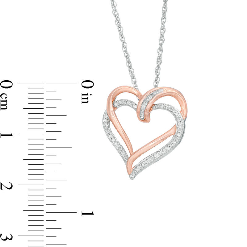 Main Image 2 of 0.15 CT. T.W. Baguette and Round Diamond Tilted Double Heart Pendant in Sterling Silver with 14K Rose Gold Plate