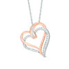 Thumbnail Image 0 of 0.23 CT. T.W. Baguette and Round Diamond Tilted Double Heart Pendant in Sterling Silver with 14K Rose Gold Plate