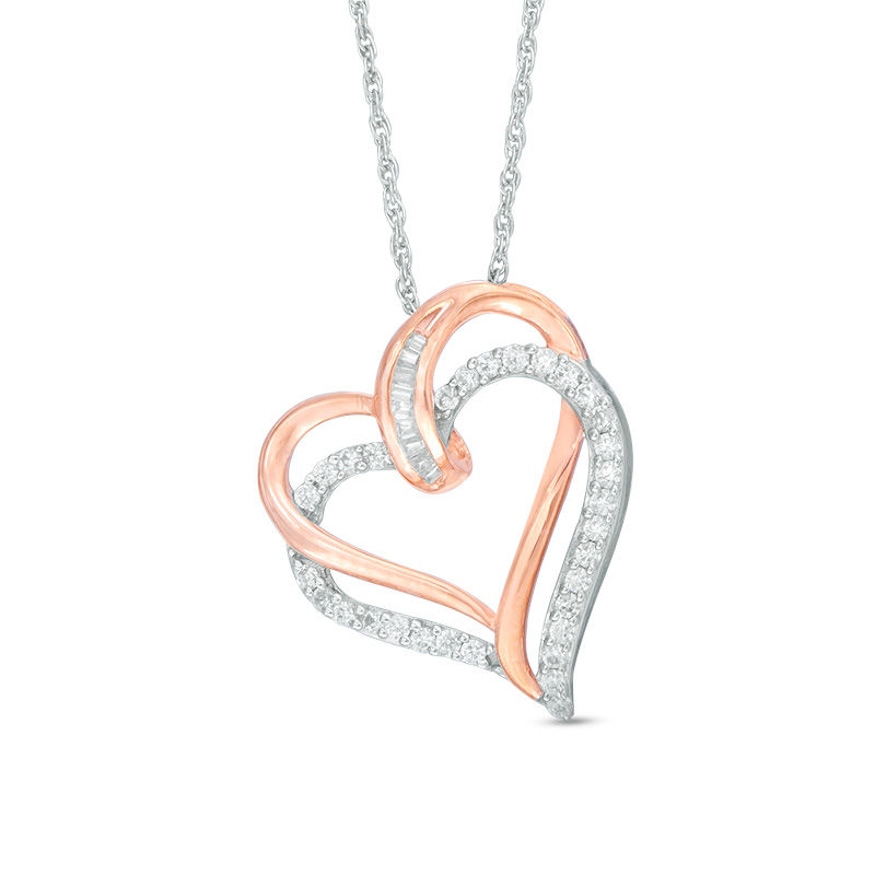 0.23 CT. T.W. Baguette and Round Diamond Tilted Double Heart Pendant in Sterling Silver with 14K Rose Gold Plate