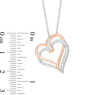 0.23 CT. T.W. Baguette and Round Diamond Tilted Double Heart Pendant in Sterling Silver with 14K Rose Gold Plate