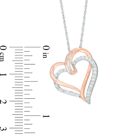 0.23 CT. T.W. Baguette and Round Diamond Tilted Double Heart Pendant in Sterling Silver with 14K Rose Gold Plate