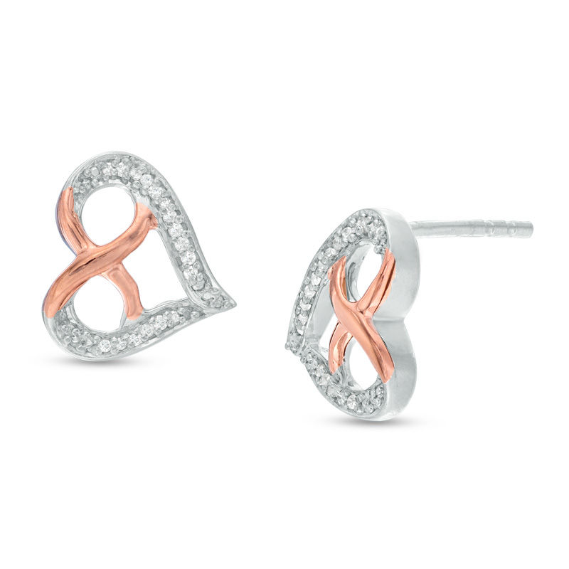 Diamond Accent Infinity Heart Stud Earrings in Sterling Silver and 10K Rose Gold
