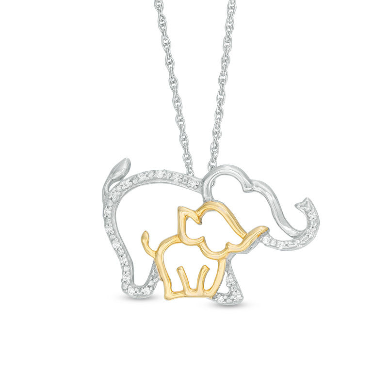 Diamond Accent Elephant and Calf Pendant in Sterling Silver and 10K Gold