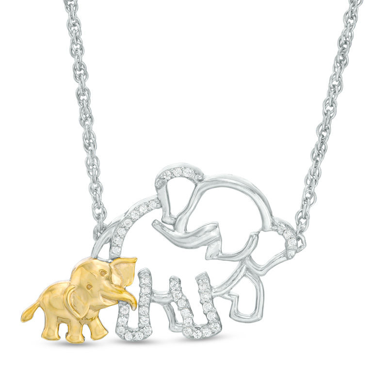 0.09 CT. T.W. Diamond Elephant and Calf Necklace in Sterling Silver and 10K Gold
