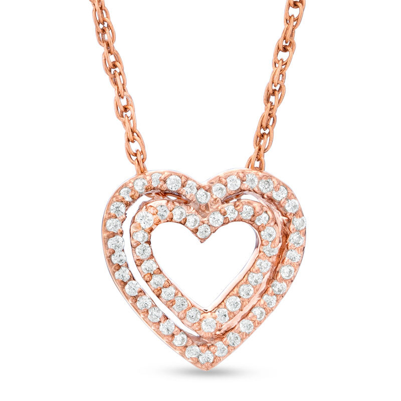 0.11 CT. T.W. Diamond Double Heart Pendant in 10K Rose Gold