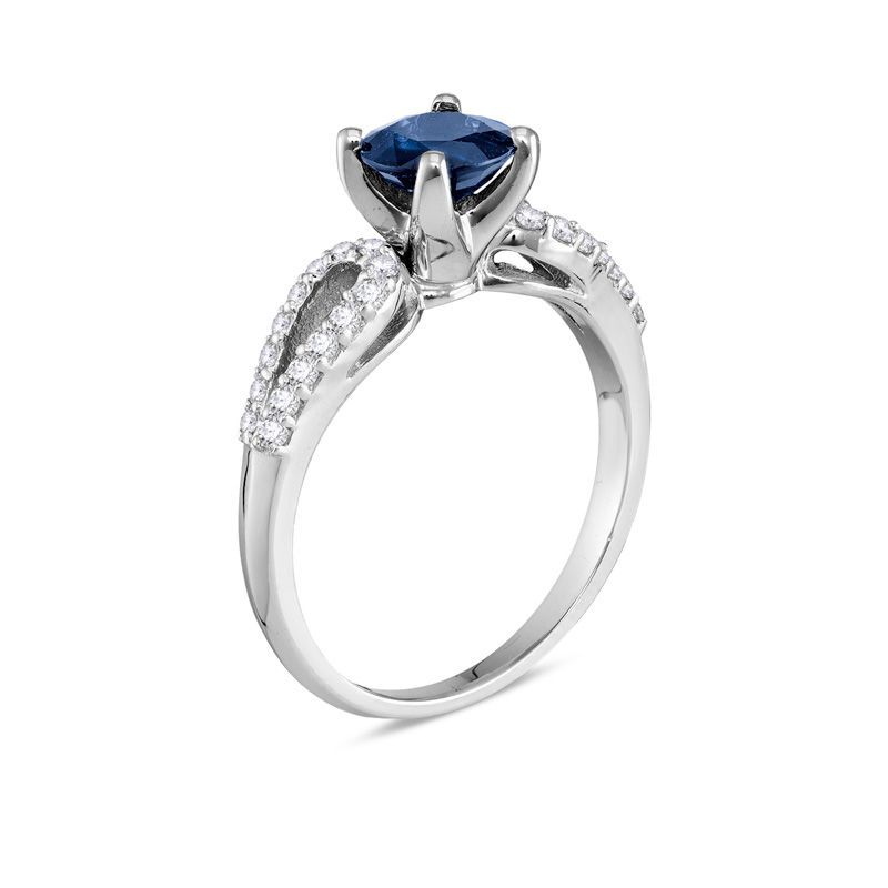 6.5mm Blue Sapphire and 0.24 CT. T.W. Diamond Split Shank Ring in 10K White Gold