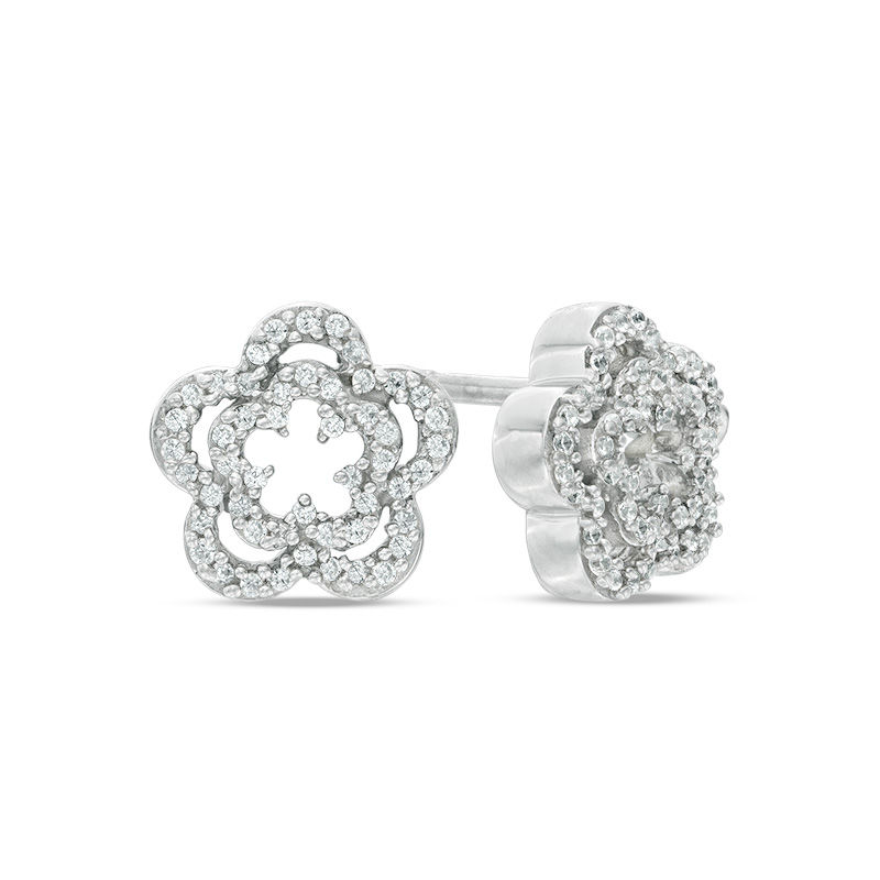 0.18 CT. T.W. Diamond Double Flower Stud Earrings in Sterling Silver|Peoples Jewellers
