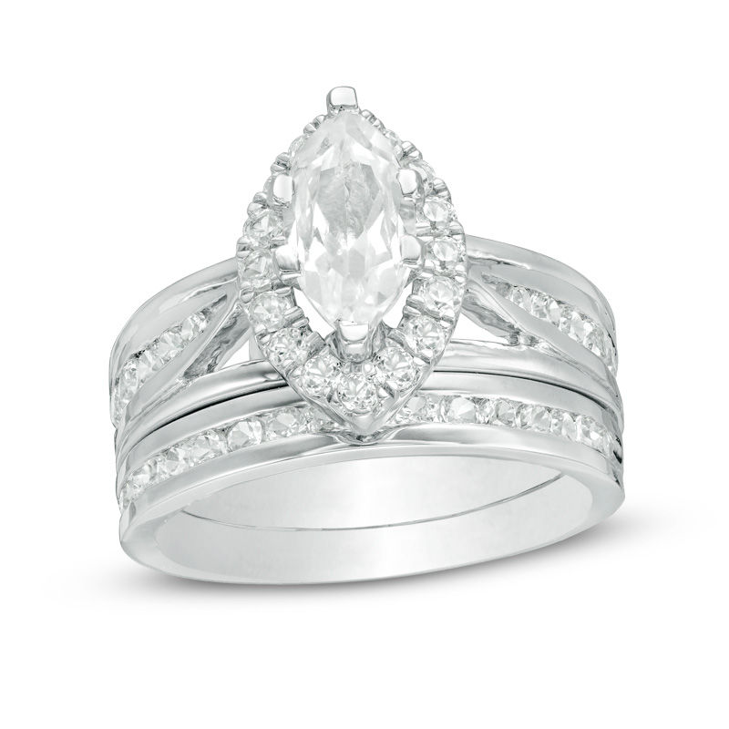 Marquise Lab-Created White Sapphire Frame Bridal Set in Sterling Silver|Peoples Jewellers