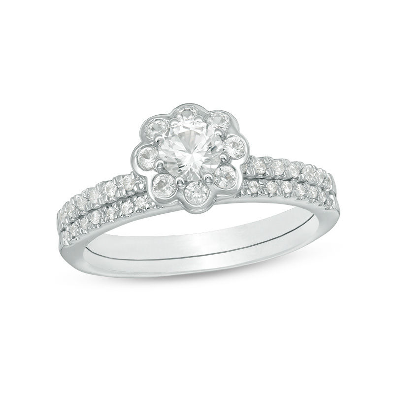 4.5mm Lab-Created White Sapphire and 0.15 CT. T.W. Diamond Flower Bridal Set in Sterling Silver