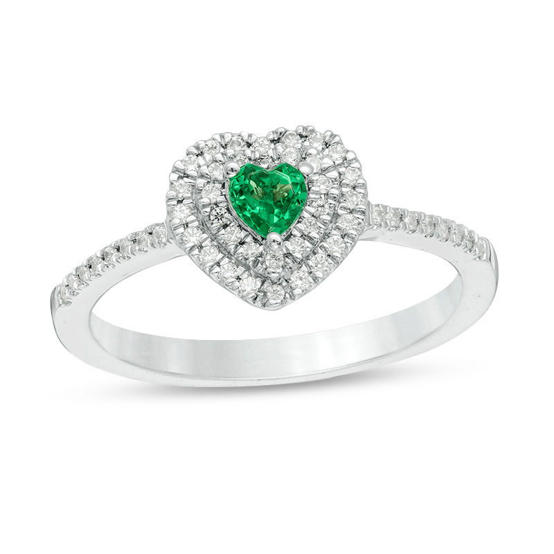 Lab-Created Emerald and 0.18 CT. T.W. Diamond Double Frame Heart Promise Ring in Sterling Silver|Peoples Jewellers