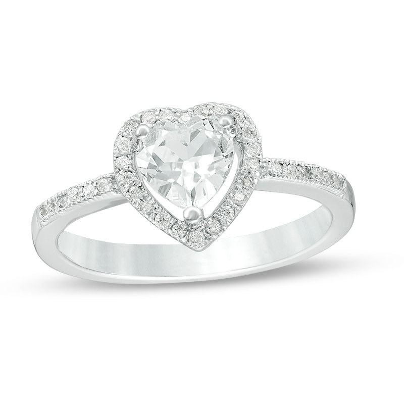 5.5mm Lab-Created White Sapphire and 0.12 CT. T.W. Diamond Frame Promise Ring in Sterling Silver
