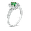 Thumbnail Image 1 of Oval Lab-Created Emerald and 0.15 CT. T.W. Diamond Flower Frame Engagement Ring in Sterling Silver