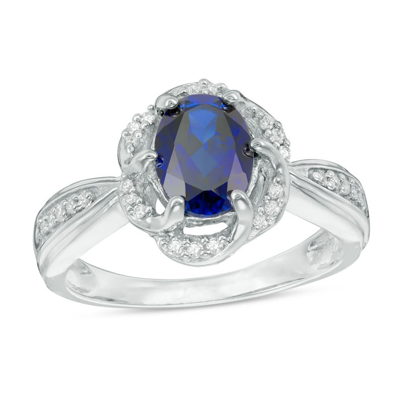 Oval Lab-Created Blue Sapphire and 0.09 CT. T.W. Diamond Frame Ring in Sterling Silver