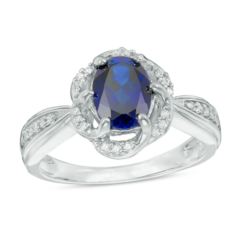 Oval Lab-Created Blue Sapphire and 0.09 CT. T.W. Diamond Frame Ring in Sterling Silver|Peoples Jewellers