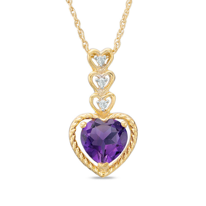 7.0mm Heart-Shaped Amethyst and Diamond Accent Drop Pendant in 10K Gold