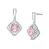 Thumbnail Image 0 of 6.0mm Lab-Created Pink Sapphire and 0.15 CT. T.W. Diamond Swirl Frame Drop Earrings in Sterling Silver