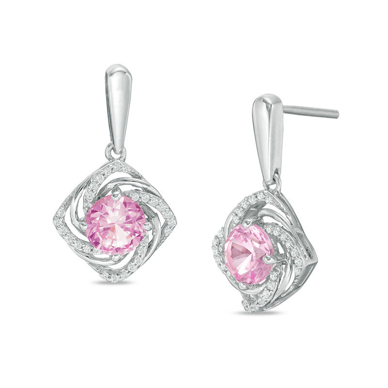 6.0mm Lab-Created Pink Sapphire and 0.15 CT. T.W. Diamond Swirl Frame Drop Earrings in Sterling Silver