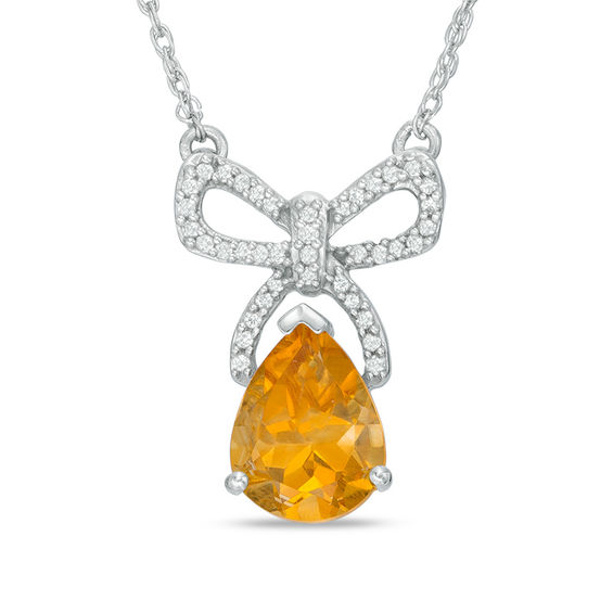 Pear-Shaped Citrine and 0.09 CT. T.W. Diamond Bow Necklace in Sterling Silver