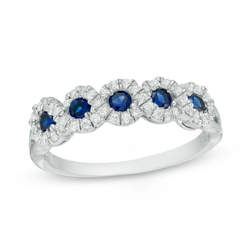 Lab-Created Blue Sapphire and 0.22 CT. T.W. Diamond Frame Five Stone Ring in 10K White Gold|Peoples Jewellers