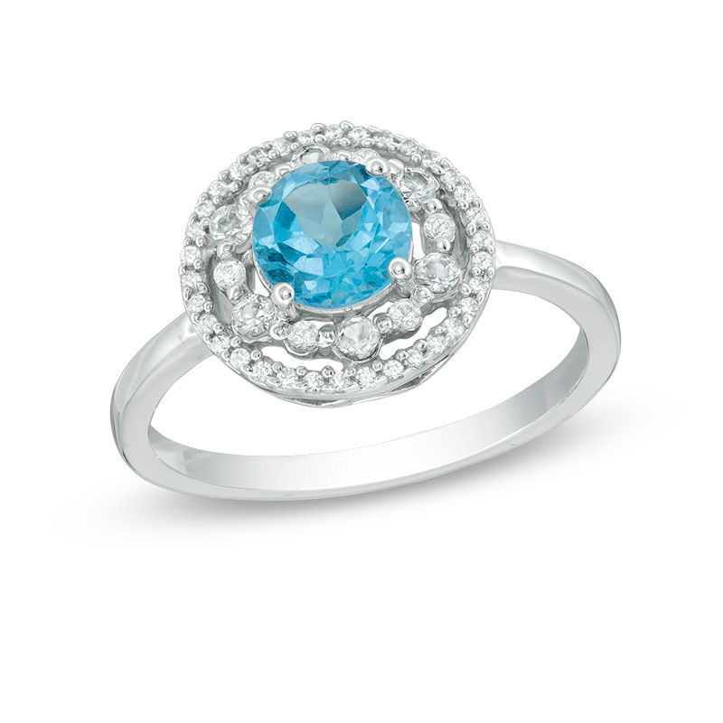 6.0mm Blue Topaz, Lab-Created White Sapphire and 0.09 CT. T.W. Diamond Frame Ring in 10K White Gold|Peoples Jewellers