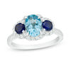 Thumbnail Image 0 of Oval Blue Topaz, Lab-Created Blue and White Sapphire Three Stone Ring in Sterling Silver