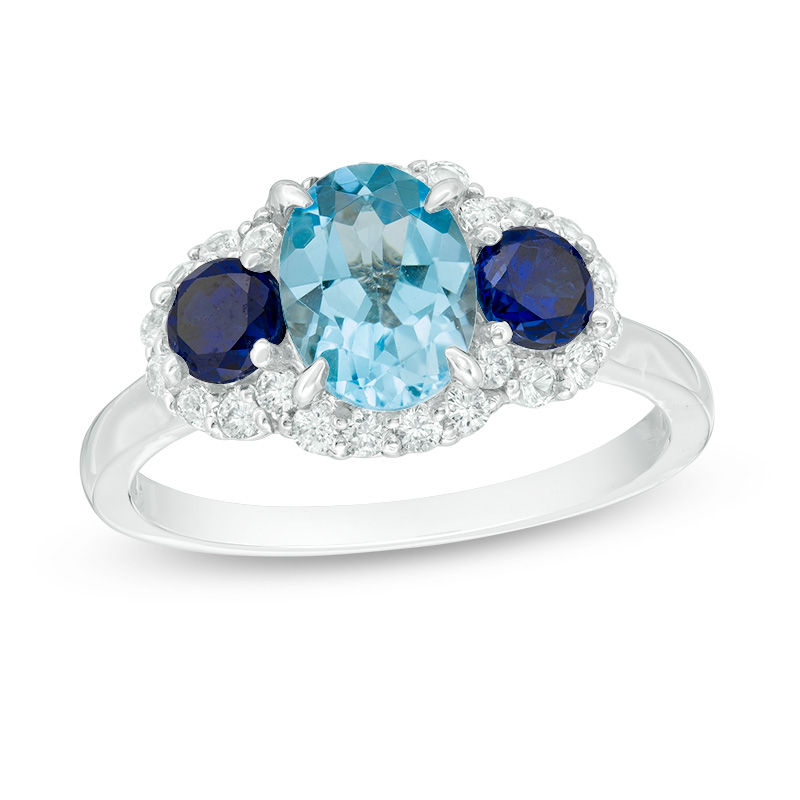 Oval Blue Topaz, Lab-Created Blue and White Sapphire Three Stone Ring in Sterling Silver